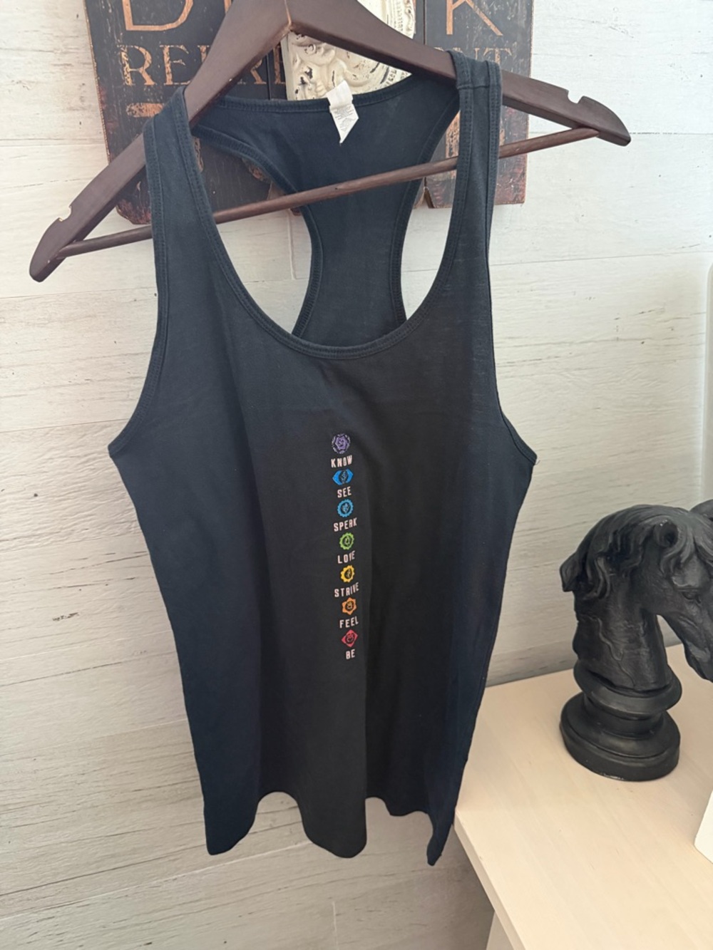 Ideal Women's Racerback Tank Top with Vertical Chakra Embroidery in Black